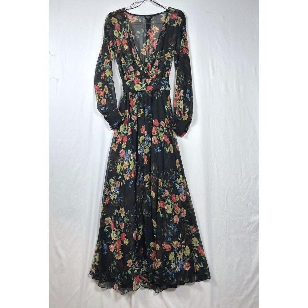 Spy Zone Exchange Women M Floral Maxi Dress Black Chiffon Long Sleeve Boho Fall - Picture 3 of 11
